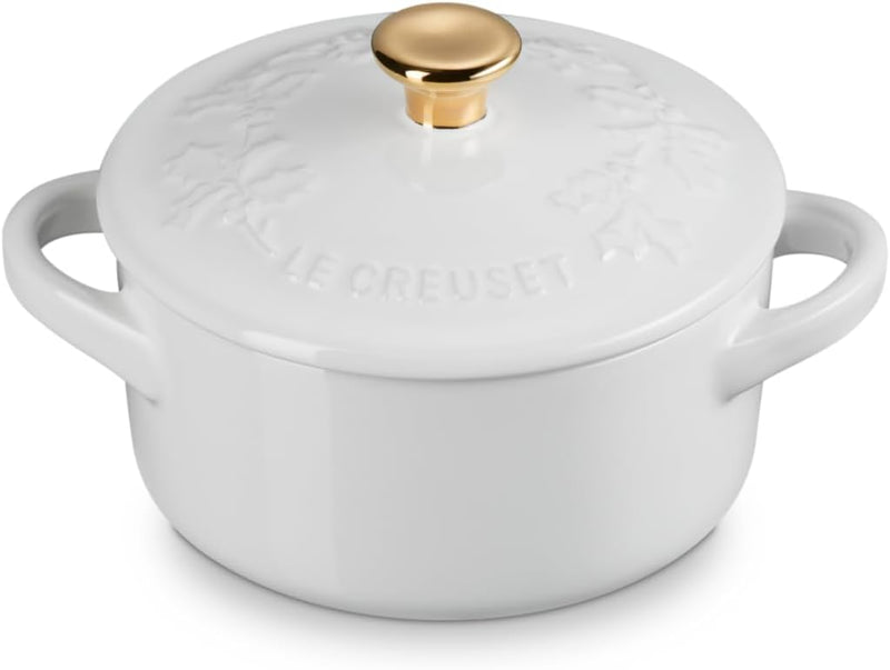 Le Creuset 8 oz. Stoneware Mini Round Cocotte w/Holly Embossed Lid & Gold Knob - White