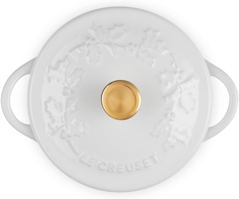 Le Creuset 8 oz. Stoneware Mini Round Cocotte w/Holly Embossed Lid & Gold Knob - White