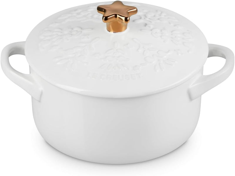 Le Creuset 24 oz. Stoneware Mini Round Cocotte w/Tree Embossed Lid & Gold Star Knob - White