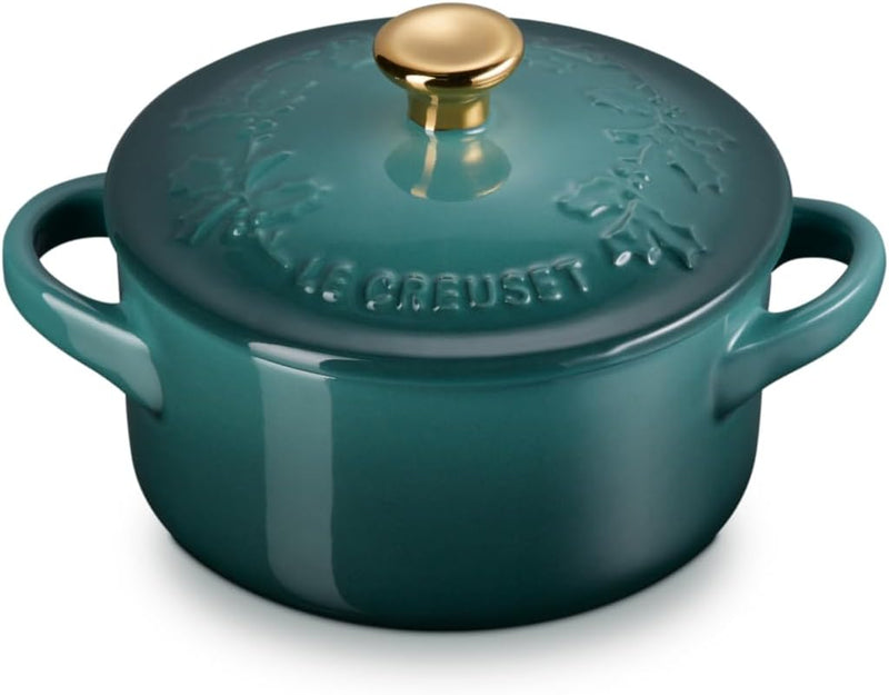 Le Creuset 8 oz. Stoneware Mini Round Cocotte w/Holly Embossed Lid & Gold Knob - Artichaut