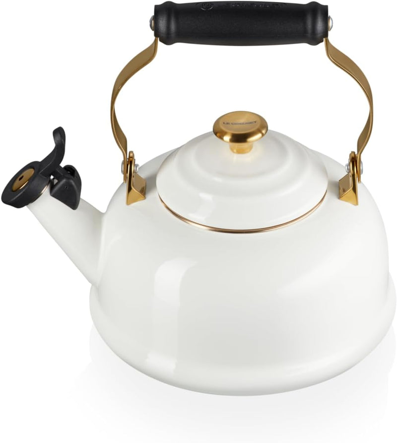 Le Creuset 1 7/10 Qt. Whistling Kettle w/Light Gold Knob & Accents - White