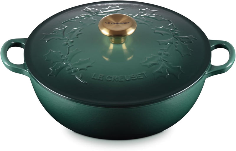 Le Creuset 4 1/2 Qt. Enameled Cast Iron Round Soup Pot w/Holly Embossed Lid & Gold Knob - Artichaut