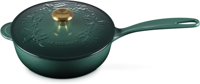 Le Creuset 2 1/4 Qt. Enameled Cast Iron Saucier w/Holly Embossed Lid & Gold Knob - Artichaut