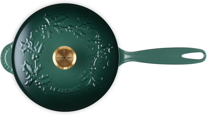 Le Creuset 2 1/4 Qt. Enameled Cast Iron Saucier w/Holly Embossed Lid & Gold Knob - Artichaut