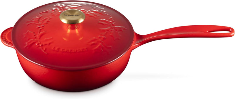 Le Creuset 2 1/4 Qt. Enameled Cast Iron Saucier w/Holly Embossed Lid & Gold Knob - Cerise