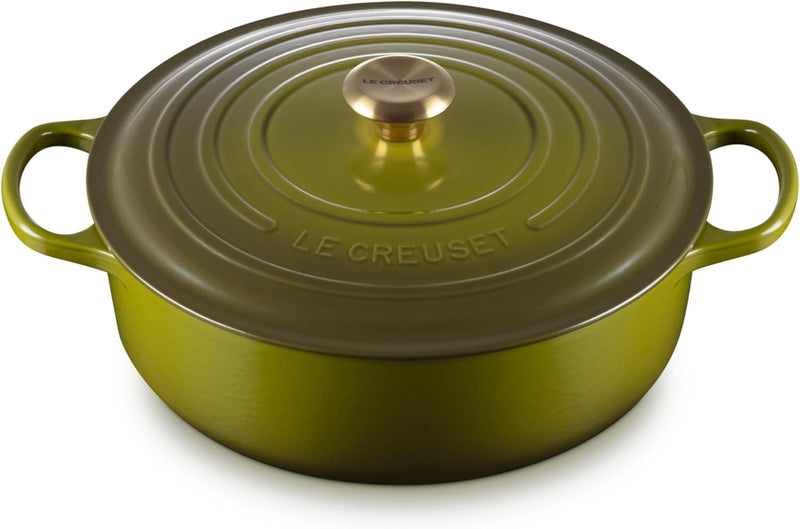 Le Creuset 6 3/4 Qt. Enameled Cast Iron Signature Round Wide Oven W/Gold Knob - Olive