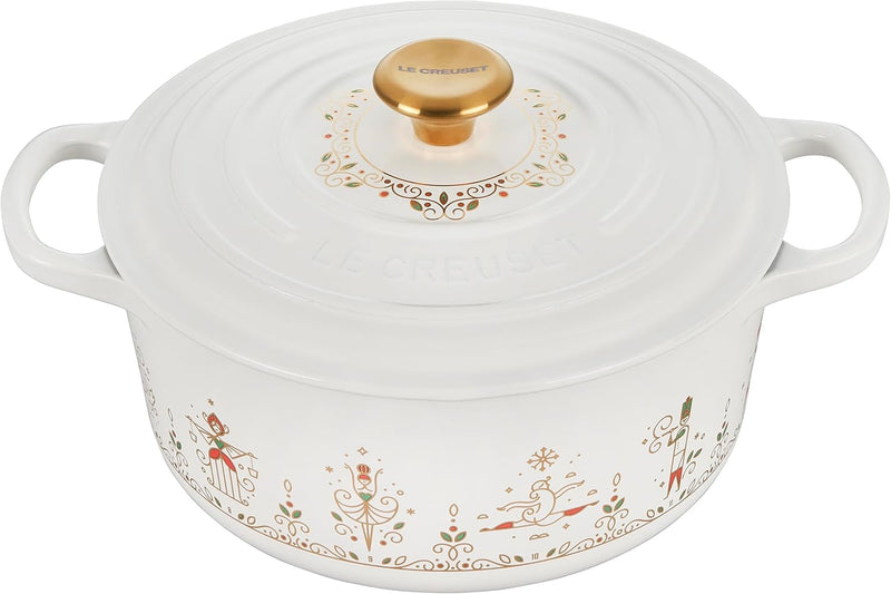 Le Creuset 3 1/2 Qt. Enameled Cast Iron 12 Days of Christmas Round Dutch Oven w/ Gold Knob - White