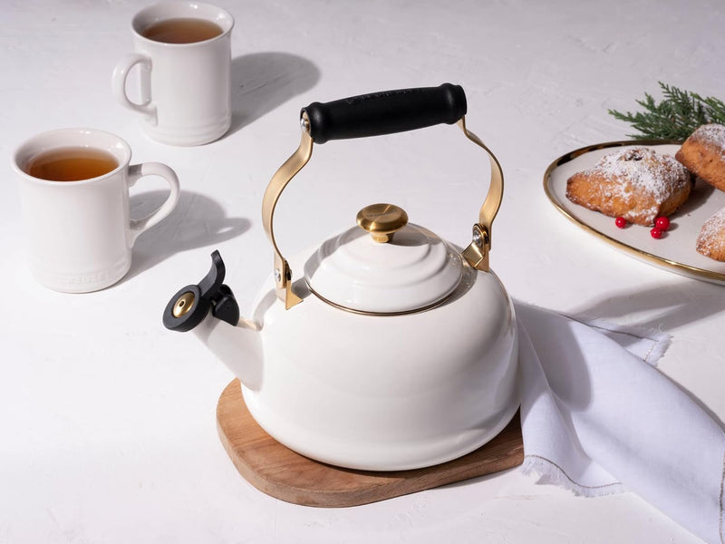 Le Creuset 1 7/10 Qt. Whistling Kettle w/Light Gold Knob & Accents - White