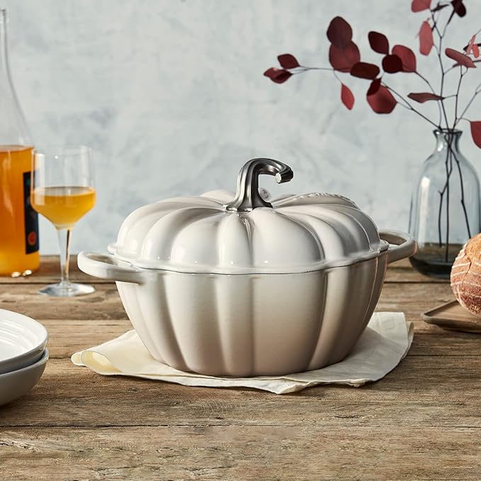 Le Creuset 4 Qt. Figural Pumpkin Cocotte w/Stainless Steel Figural Knob - Meringue