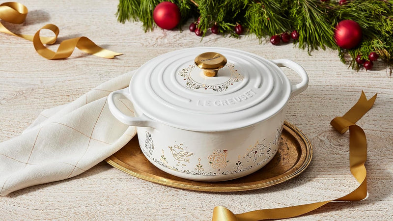 Le Creuset 3 1/2 Qt. Enameled Cast Iron 12 Days of Christmas Round Dutch Oven w/ Gold Knob - White