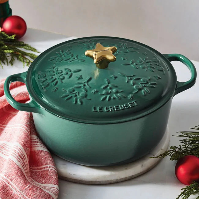 Le Creuset 4 1/2 Qt. Siganure Enameled Cast Iron Round Dutch Oven w/Tree Embossed Lid & Gold Star Knob - Artichaut