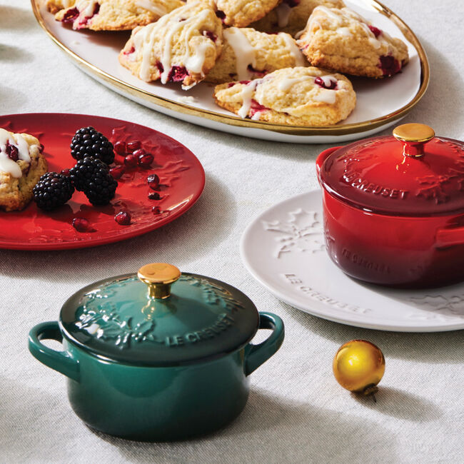 Le Creuset 8 oz. Stoneware Mini Round Cocotte w/Holly Embossed Lid & Gold Knob - Cerise