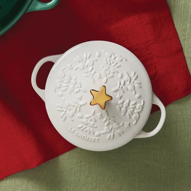 Le Creuset 24 oz. Stoneware Mini Round Cocotte w/Tree Embossed Lid & Gold Star Knob - White