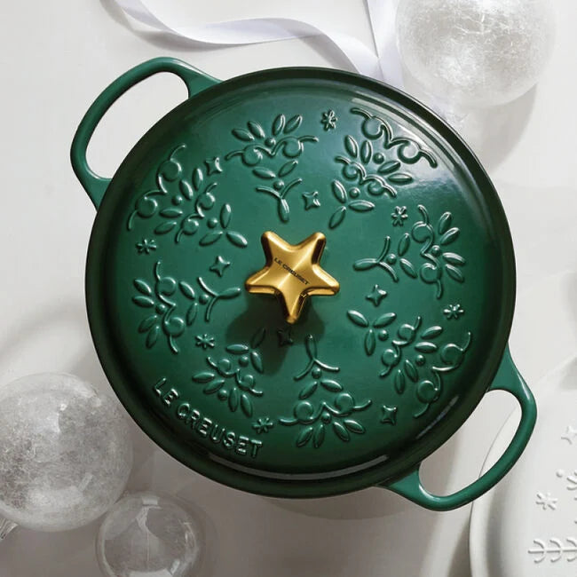 Le Creuset 4 1/2 Qt. Siganure Enameled Cast Iron Round Dutch Oven w/Tree Embossed Lid & Gold Star Knob - Artichaut